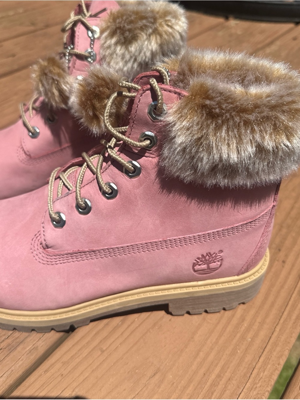 Timberland 6-inch Premium Waterproof Boots PinkFaux Fur Collar Youth 7/Women 8.5